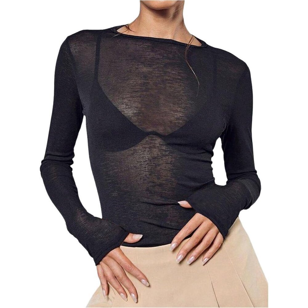 Women's Mesh Long Sleeve Shirt Black Size Medium Slim Fit Casual Going Out